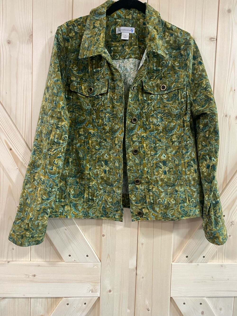 Christopher & Banks Damask Jacket Size M Green Blue Button Up Shacket